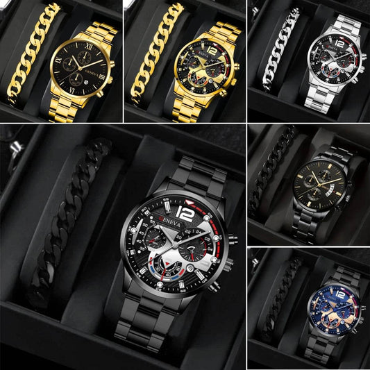 2pcs Men's New Popular Steel Strip Fashion Business Three Eye Quartz Watch Bracelet Set Valentine's Day Gifts - terrifictrend