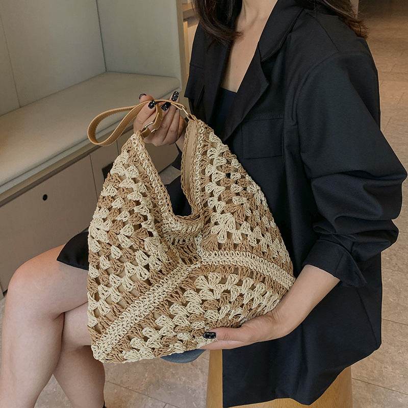 Women's Fashion Handmade Straw Woven Hollow Contrast Color Weave Shoulder Bag - terrifictrend