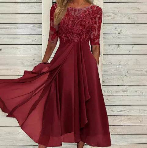 Chiffon Stitching Lace Hollow-out Dress Bridesmaid Evening Dress Women's Dress - terrifictrend