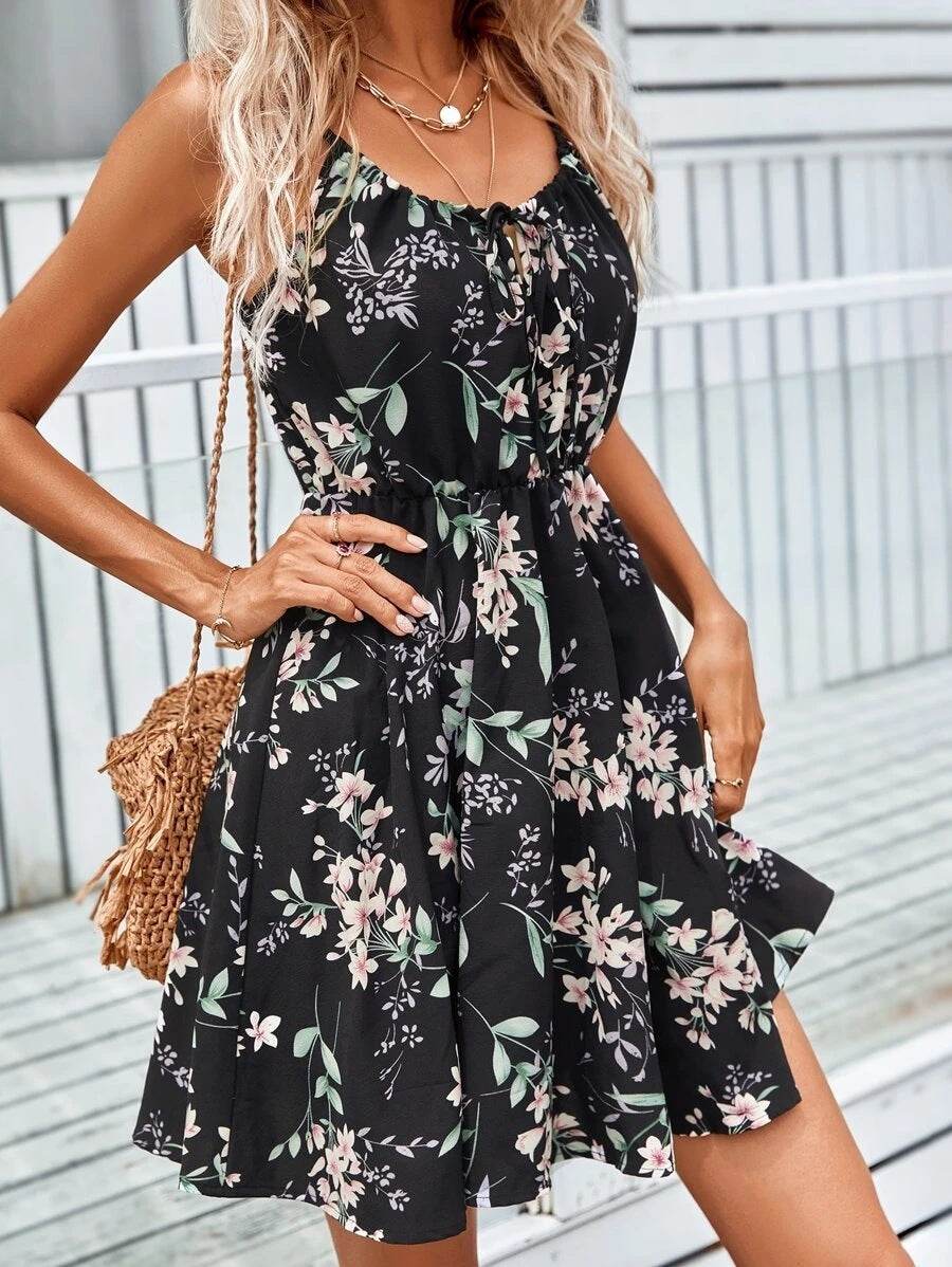 Floral Print Suspender Dress With Elastic Waist Design Fashion Summer Short Dresses Womens Clothing - terrifictrend
