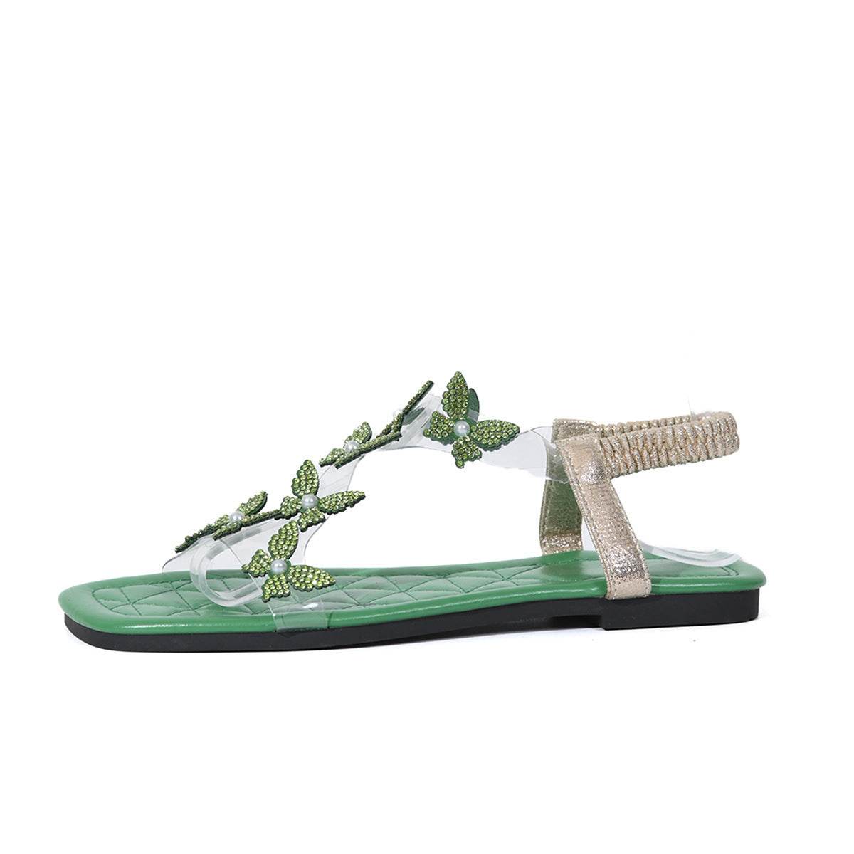 New Butterfly Rhinestone Sandals Summer Square Toe Flat Shoes For Women - terrifictrend