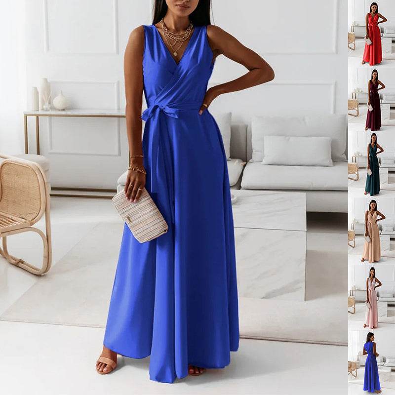 V-neck Sleeveless Dress With Belt Summer Fashion Party Club Evening Maxi Dresses For Women Clothing - terrifictrend