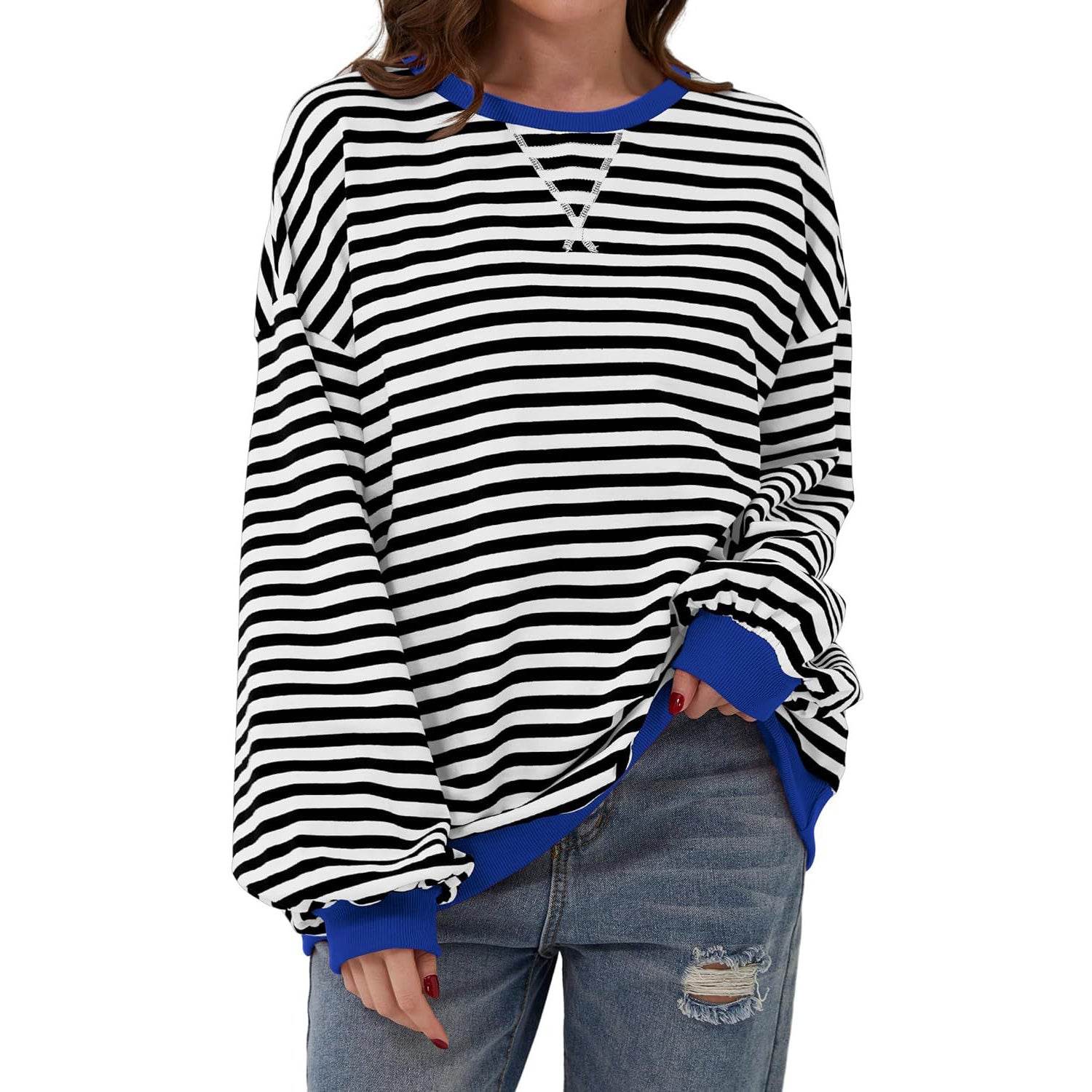 Loose Striped Long Sleeve T-shirt Casual Pullover Sweater For Womens Clothing - terrifictrend