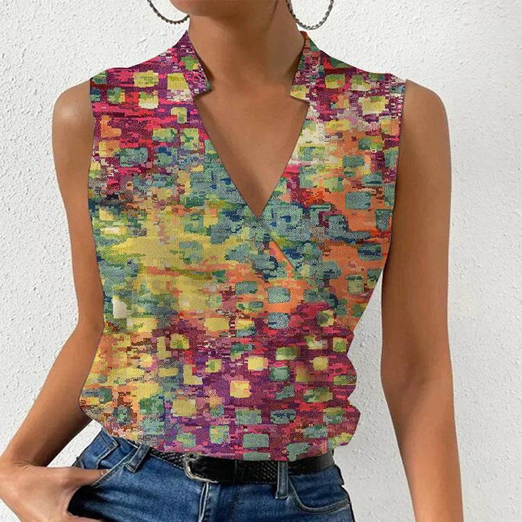 Casual Printed Tops Summer V-neck Sleeveless T-shirt Womens Clothing - terrifictrend