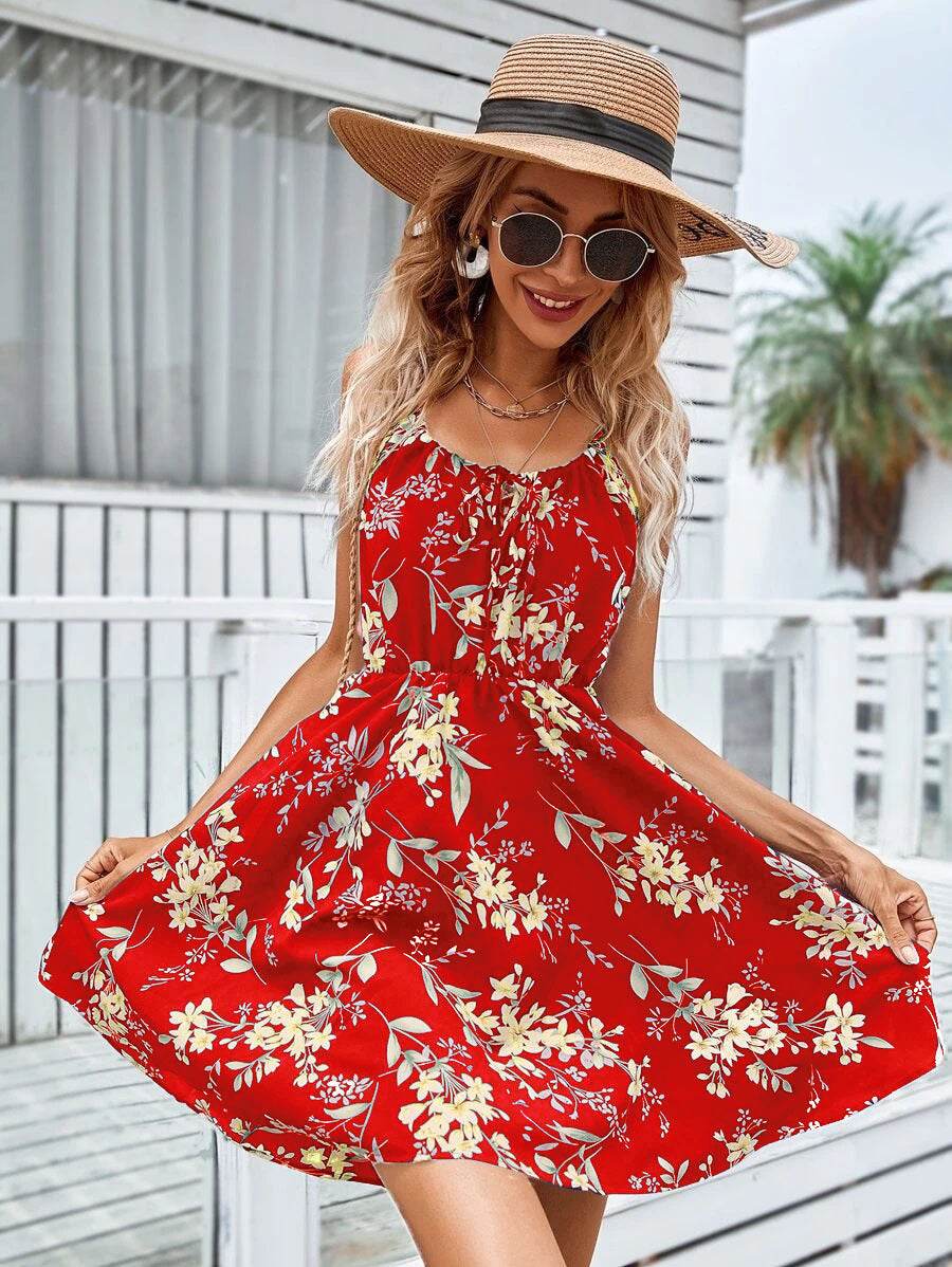 Floral Print Suspender Dress With Elastic Waist Design Fashion Summer Short Dresses Womens Clothing - terrifictrend
