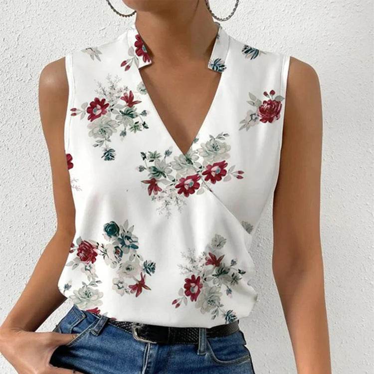 Casual Printed Tops Summer V-neck Sleeveless T-shirt Womens Clothing - terrifictrend