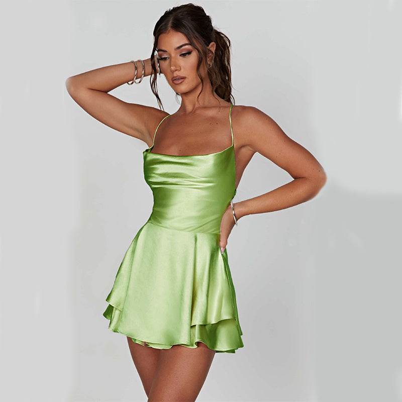 Sexy Suspender Skirt For Women Elegant Slim Strap Satin Backless Lace Up A-Line Short Dress Lady - terrifictrend