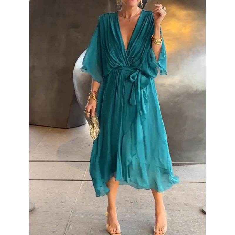 Batwing Sleeve V-neck Dress Summer Pure Color Tied Irregular Long Dresses Womens Clothing - terrifictrend
