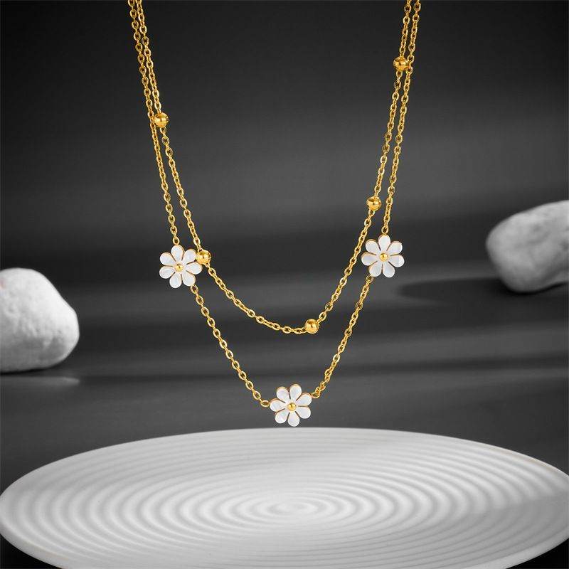 Fashion Jewelry Stainless Steel Flower DaisyFlower Necklace Double Layering Necklace Earrings Jeweley Set - terrifictrend