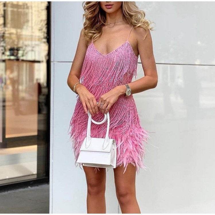 Sexy Tassel Sequins Feather Summer Mini Dress Women V Neck Spaghetti Strap Stitching Dresses Female Elegant Evening Party Club Dress - terrifictrend