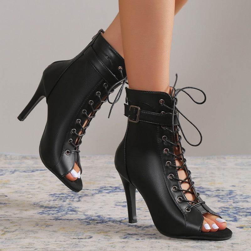 Women's Peep Toe High Heel Pumps Shoes Fashion Lace-up Buckle Sandals With Back Zipper Design - terrifictrend