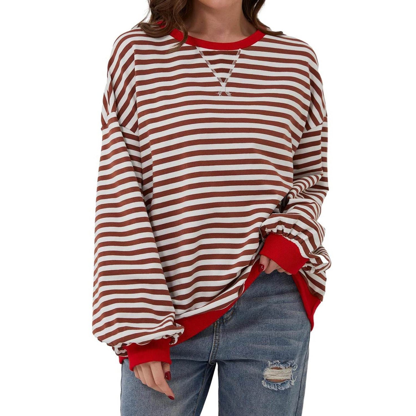 Loose Striped Long Sleeve T-shirt Casual Pullover Sweater For Womens Clothing - terrifictrend