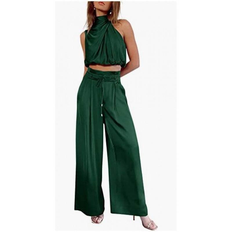 Summer Suits Casual Sleeveless Midriff-baring Top And Wide Leg Pants 2pcs Set Womens Clothing - terrifictrend