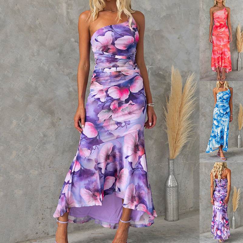 Flowers Print One-shoulder Dress Summer INS Casual Suspender Long Dresses Womens Clothing - terrifictrend