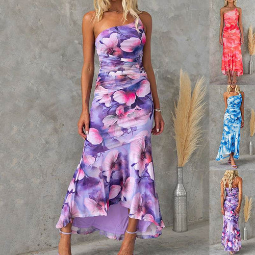Flowers Print One-shoulder Dress Summer INS Casual Suspender Long Dresses Womens Clothing - terrifictrend