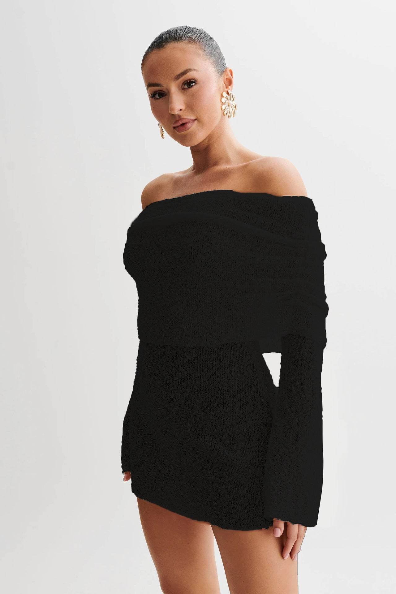 Women's Spring Summer Knitted Dress Elegant Party Boat Neck Dress Infant Off Shoulder Bodycon Long Sleeve Fuzzy Short Club Chic Mini Dress - terrifictrend