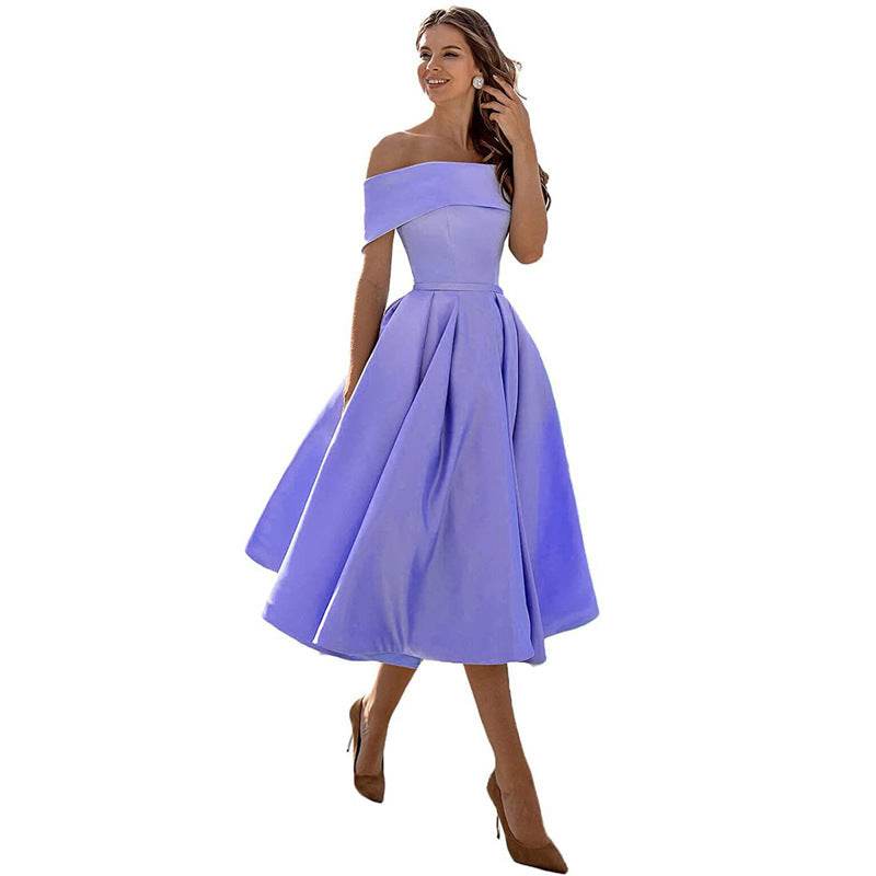Women's Fashion Casual Strapless Satin Party Dress Off The Shoulder Tea Length Satin Prom Dresses With Pockts Formal Evening Party Dress - terrifictrend