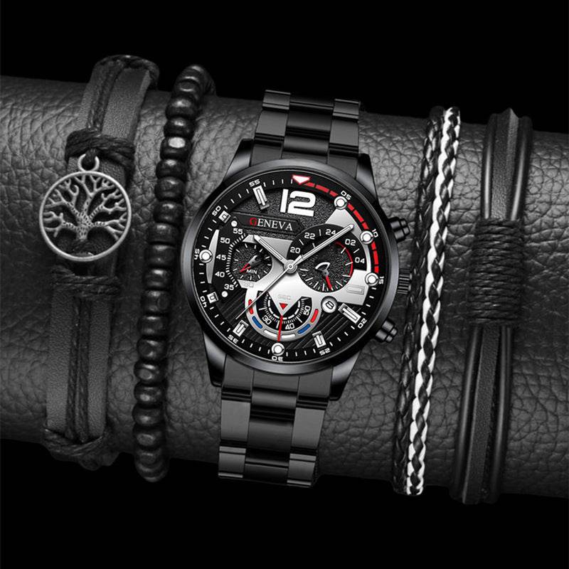 2pcs Men's New Popular Steel Strip Fashion Business Three Eye Quartz Watch Bracelet Set Valentine's Day Gifts - terrifictrend