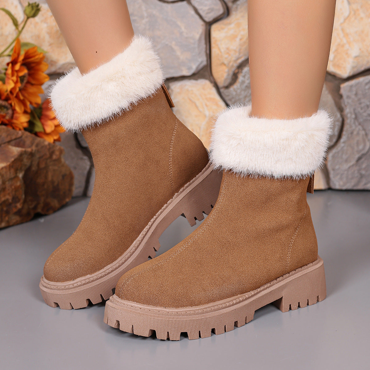 Square-heeled Snow Boots Winter Plus Velvet Platform Plush Shoes Fashion Warm Non-slip Mid-calf Boot For Women Cj