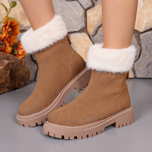 Square-heeled Snow Boots Winter Plus Velvet Platform Plush Shoes Fashion Warm Non-slip Mid-calf Boot For Women Cj