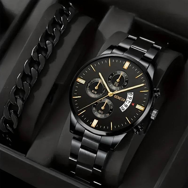 2pcs Men's New Popular Steel Strip Fashion Business Three Eye Quartz Watch Bracelet Set Valentine's Day Gifts - terrifictrend