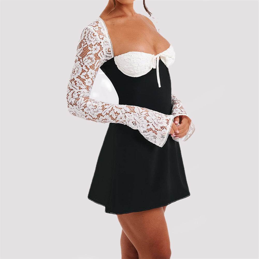 Y2K Lace Long Sleeve Dress Fashion Sexy Corset Backless Lace Up Short Dresses Womens Clothing - terrifictrend