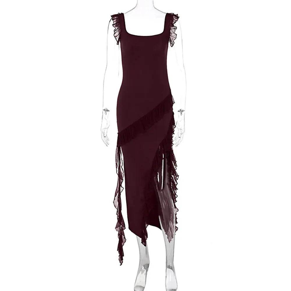 Ruffle Thigh High Split Dress Women Sexy Spaghetti Strap Square Neck Backless Suspender Dresses For Evening Praty Clothing - terrifictrend