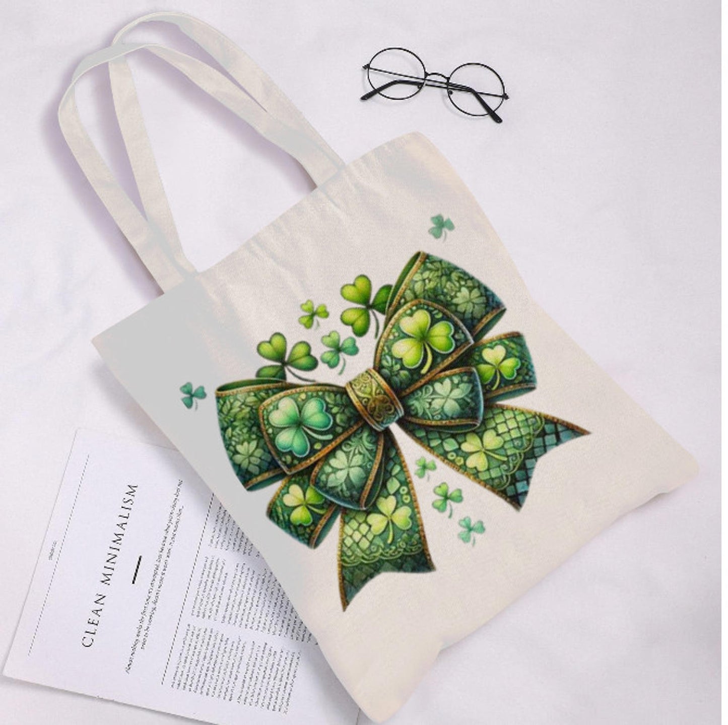 St. Patrick's Day Irish Shamrock Clover Bow Print Shoulder Tote Bag 15" X 15" TerrificTrend