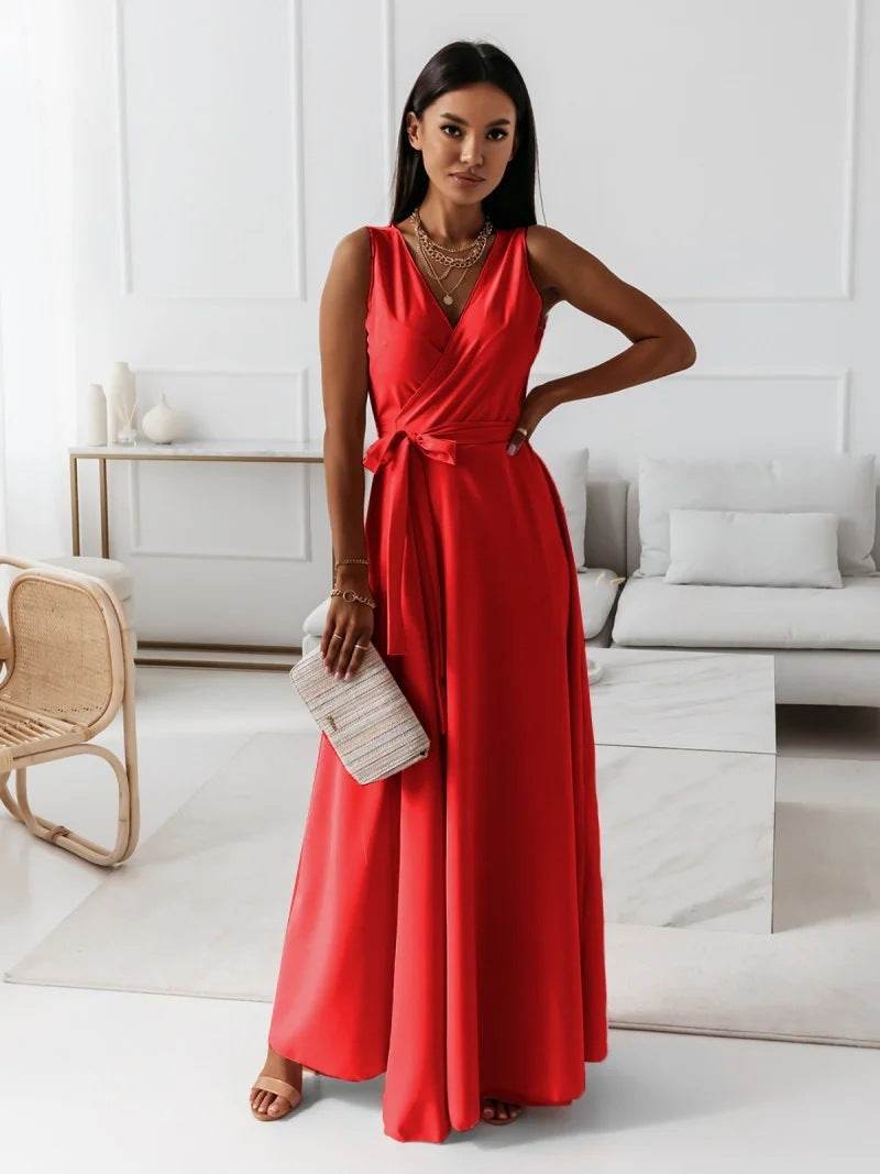 V-neck Sleeveless Dress With Belt Summer Fashion Party Club Evening Maxi Dresses For Women Clothing - terrifictrend