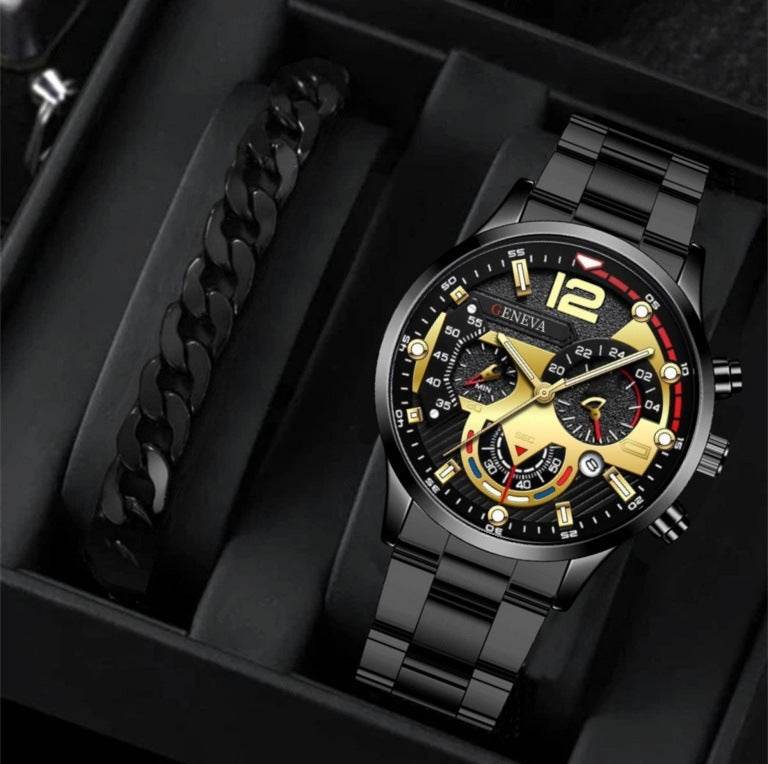 2pcs Men's New Popular Steel Strip Fashion Business Three Eye Quartz Watch Bracelet Set Valentine's Day Gifts - terrifictrend