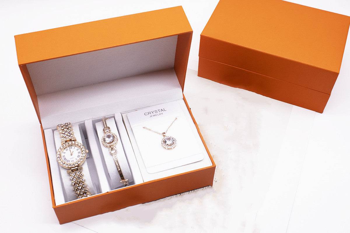 3-piece Rhinestone Watch Set With Bracelet And Necklace - terrifictrend