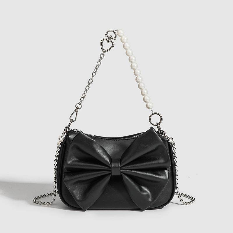 Black White PU Bow Handbags Autumn Winter Ladies Underarm Tote Bags Fashion Simple Pearl Chain Shoulder Bag Small Purse - terrifictrend