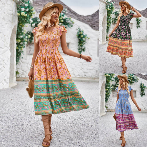 New Flowers Print V-neck Dress Summer Casual Ruffle Sleeveless Dresses Bohemian Holiday Beach Dress For Womens Clothing - terrifictrend