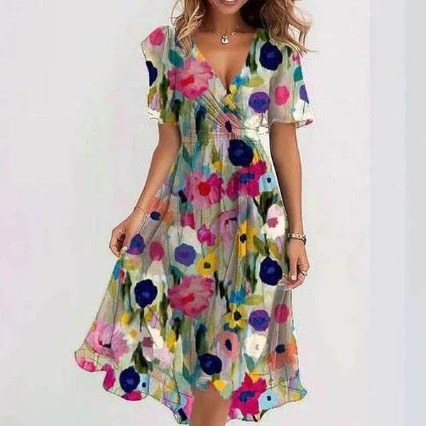 Chiffon Printed Short Sleeve Dress Summer Elegant V-neck Dresses Womens Clothing - terrifictrend