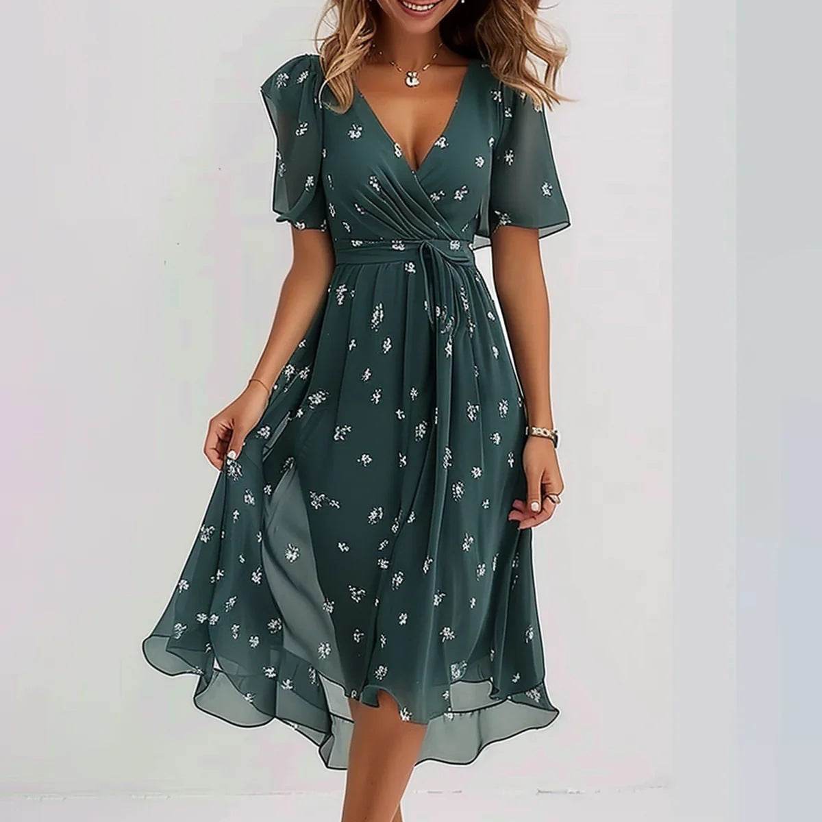 Chiffon Printed Short Sleeve Dress Summer Elegant V-neck Dresses Womens Clothing - terrifictrend