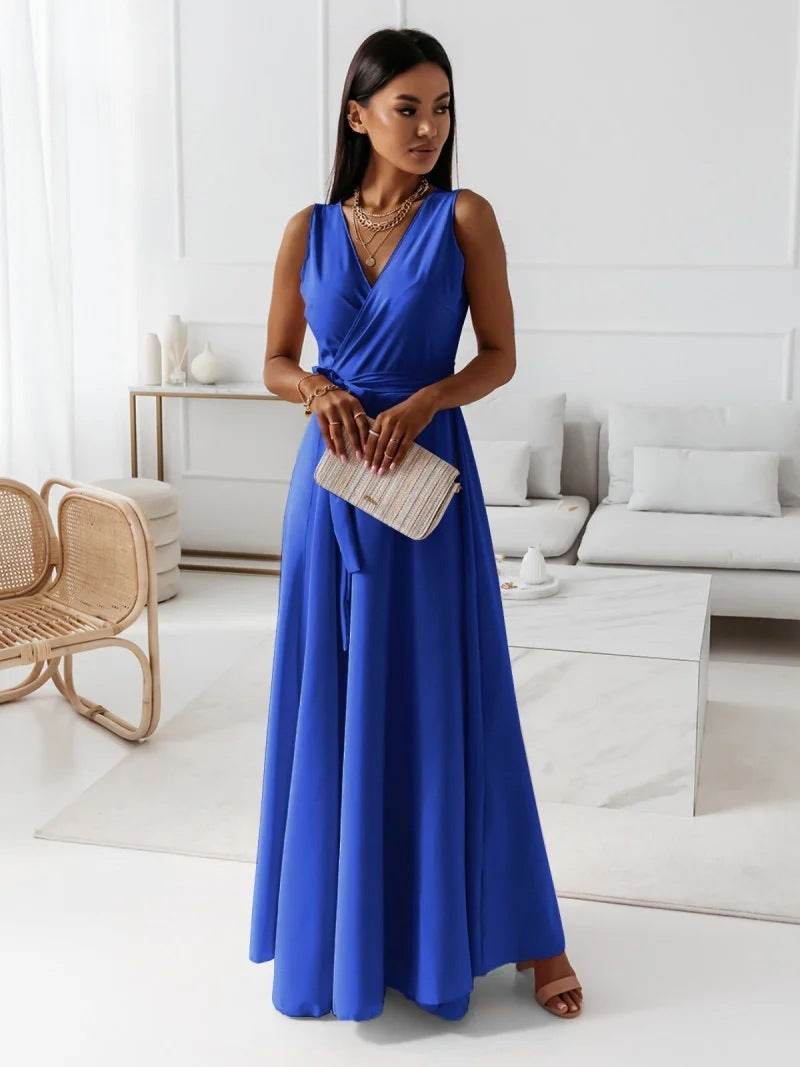 V-neck Sleeveless Dress With Belt Summer Fashion Party Club Evening Maxi Dresses For Women Clothing - terrifictrend