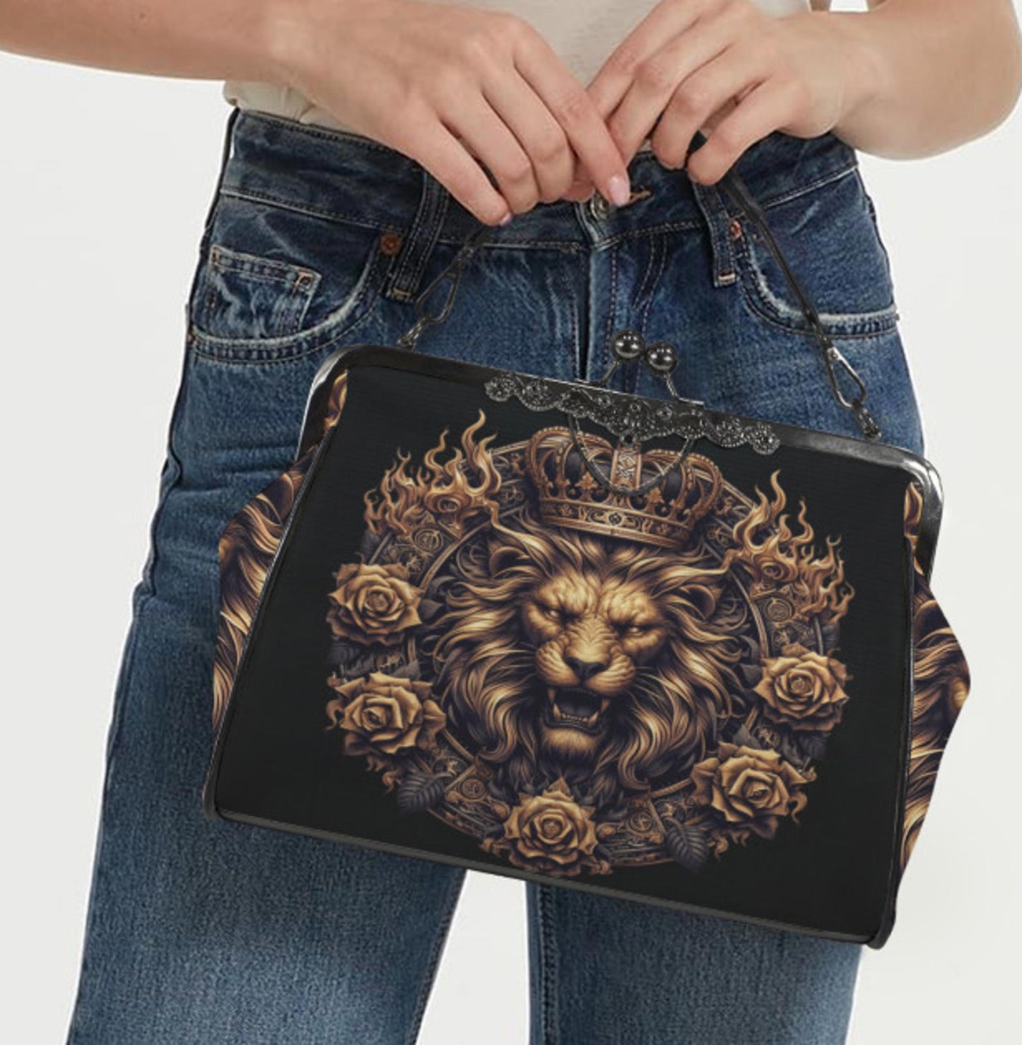 Dark Victorian Gothic Art Animals Gold Lion King Shoulder Cross Body Bag Satchel Kisslock