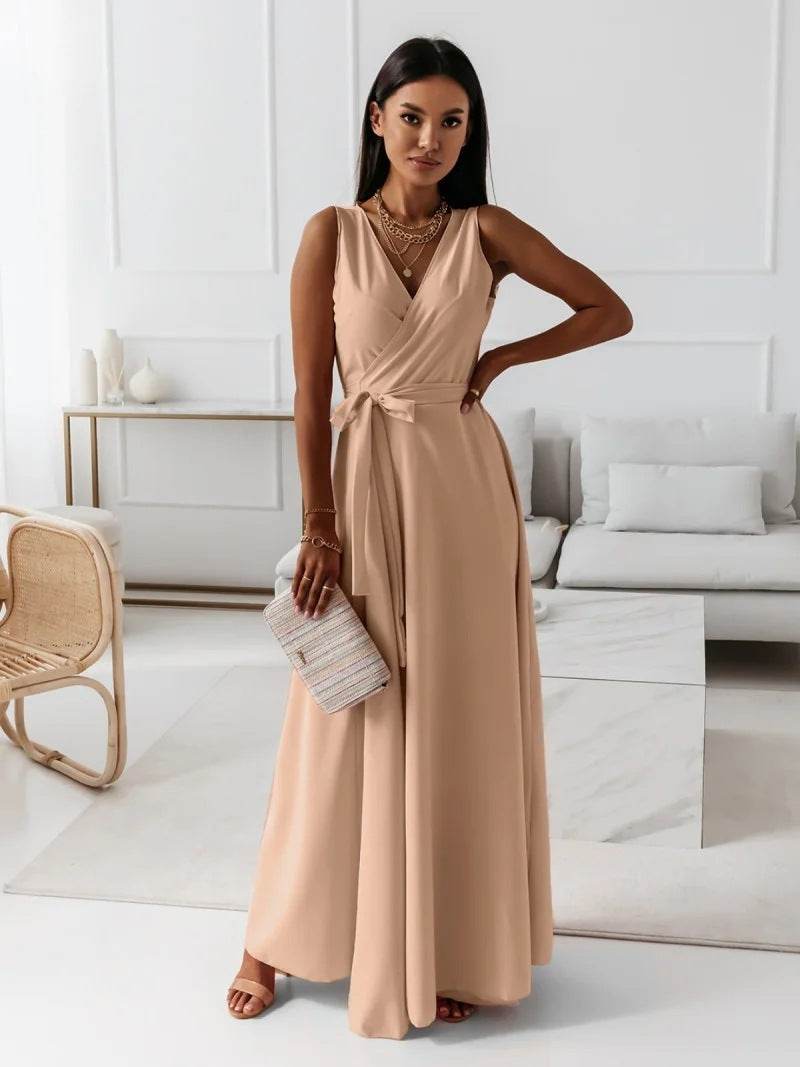 V-neck Sleeveless Dress With Belt Summer Fashion Party Club Evening Maxi Dresses For Women Clothing - terrifictrend