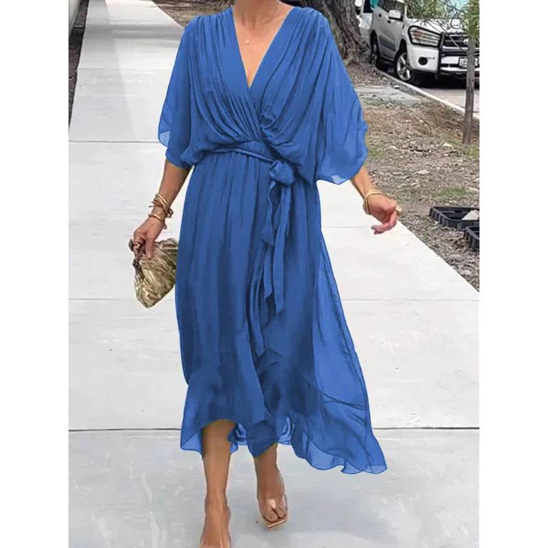 Batwing Sleeve V-neck Dress Summer Pure Color Tied Irregular Long Dresses Womens Clothing - terrifictrend