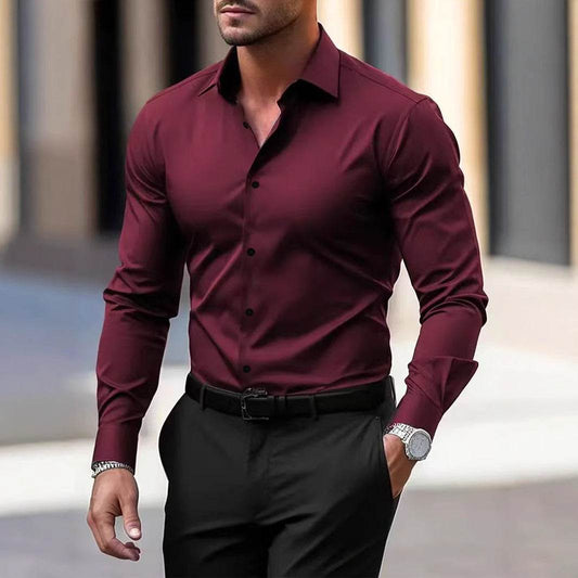 Men's Shirt Business Button Down Shirt Summer Solid Color Long Sleeve Lapel Vacation Shirt Fashion Temperament Casual Tops - terrifictrend