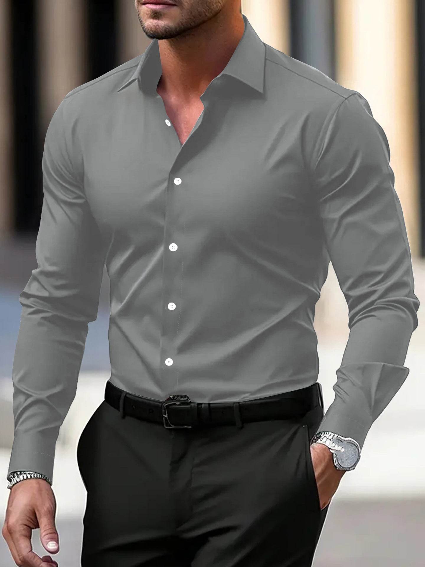 Men's Shirt Business Button Down Shirt Summer Solid Color Long Sleeve Lapel Vacation Shirt Fashion Temperament Casual Tops - terrifictrend