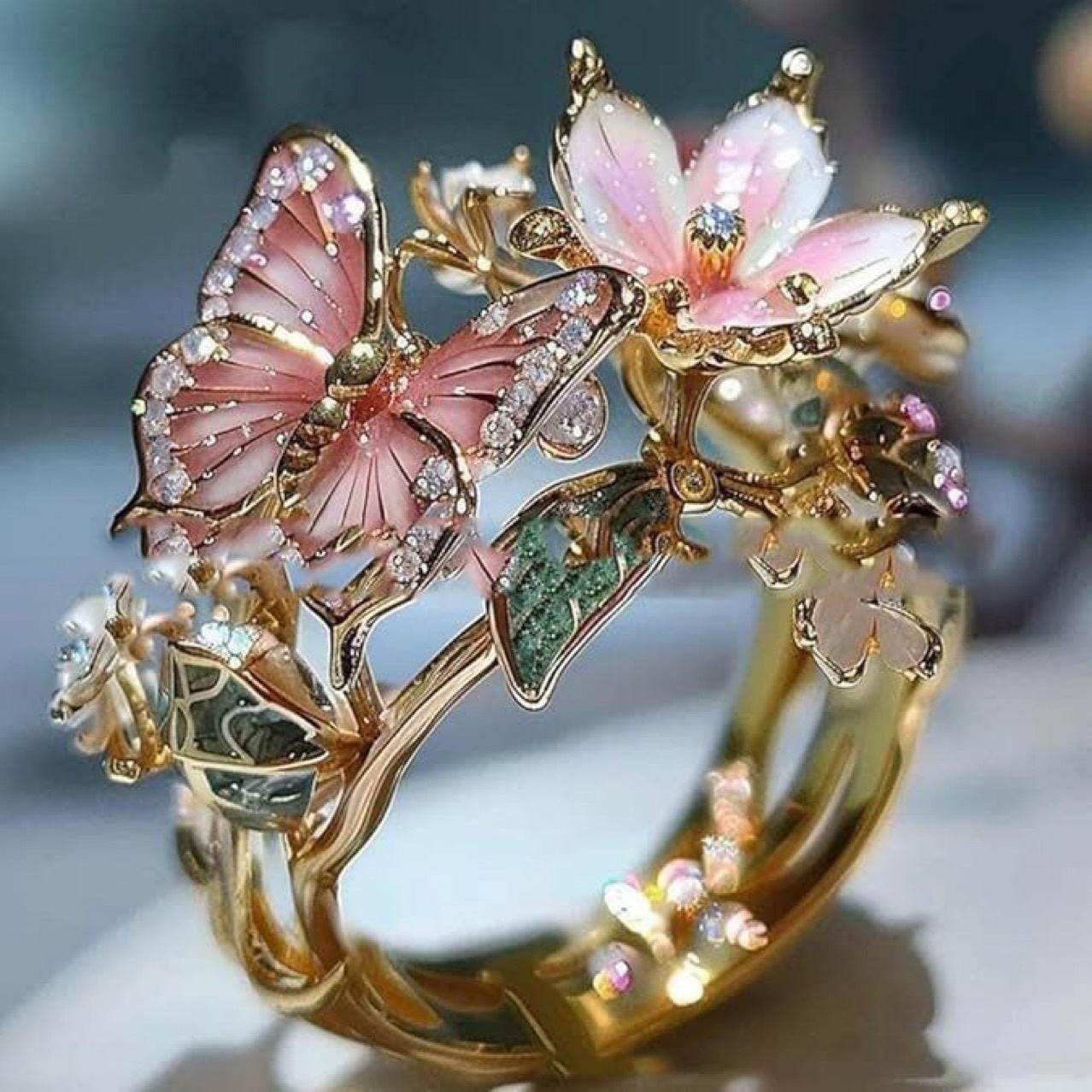 INS Flower Butterfly Ring With Rhinestones And Oil Dropping Design Fashion Personalized Jewelry For Women - terrifictrend
