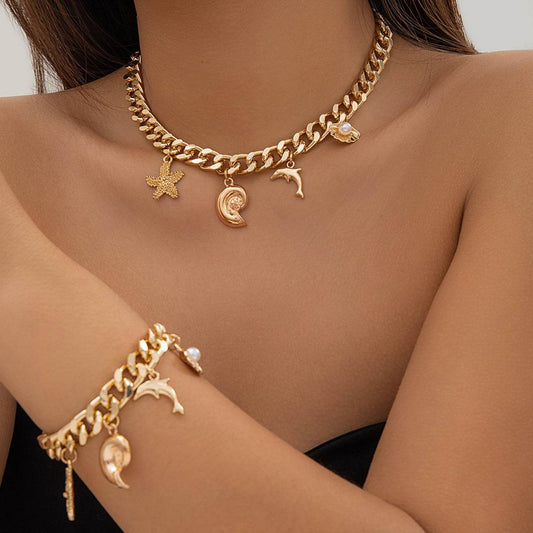 Creative Boho Conch Dolphin Starfish Pendant Choker Necklace Bracelets Women Trendy Vintage Tassel Chain Grunge Jewelry Fashion Jewelry - terrifictrend