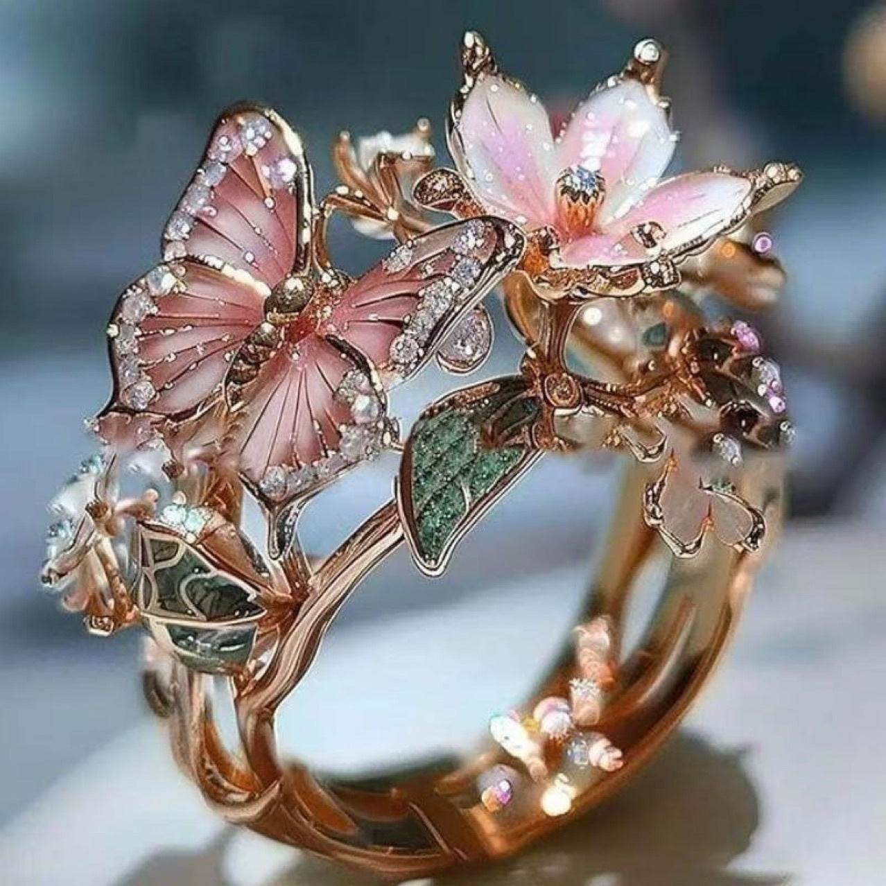 INS Flower Butterfly Ring With Rhinestones And Oil Dropping Design Fashion Personalized Jewelry For Women - terrifictrend