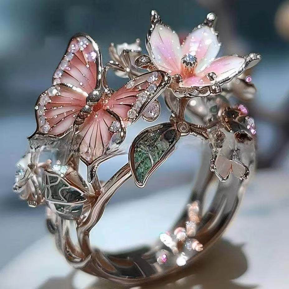 INS Flower Butterfly Ring With Rhinestones And Oil Dropping Design Fashion Personalized Jewelry For Women - terrifictrend