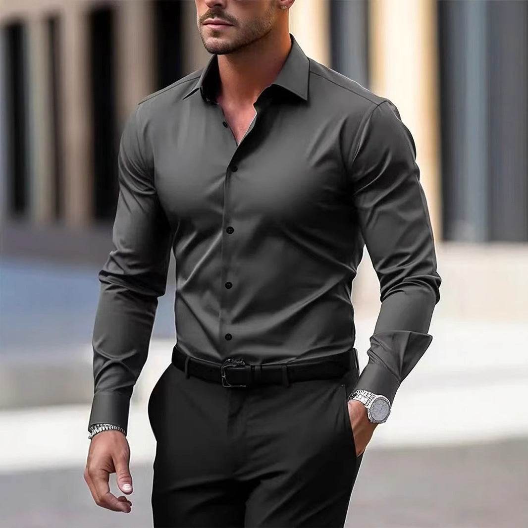 Men's Shirt Business Button Down Shirt Summer Solid Color Long Sleeve Lapel Vacation Shirt Fashion Temperament Casual Tops - terrifictrend