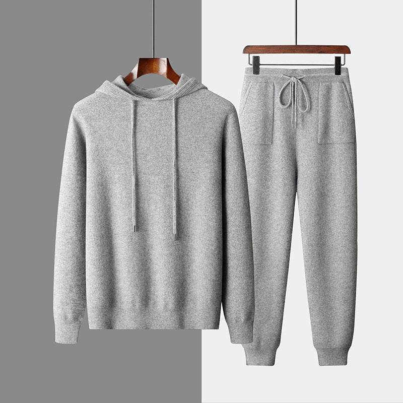 Men's Solid Color Casual Hooded Knitted Sweatshirt Long Pants Set - terrifictrend