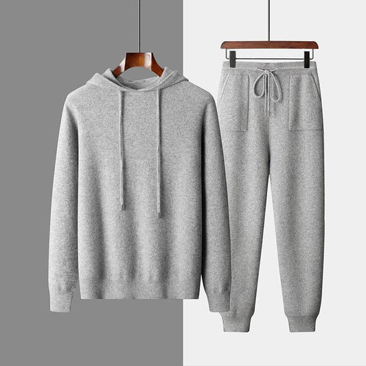 Men's Solid Color Casual Hooded Knitted Sweatshirt Long Pants Set - terrifictrend