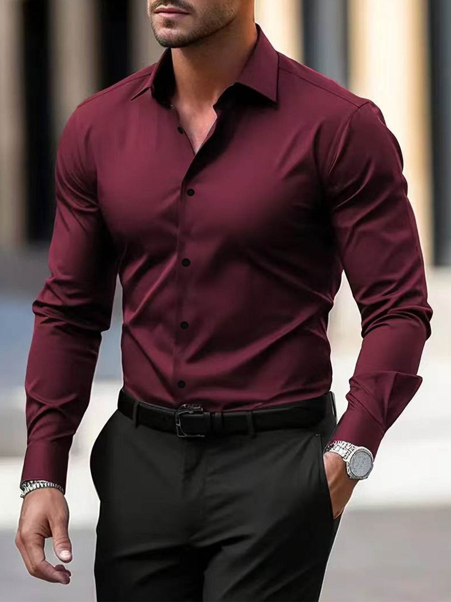 Men's Shirt Business Button Down Shirt Summer Solid Color Long Sleeve Lapel Vacation Shirt Fashion Temperament Casual Tops - terrifictrend