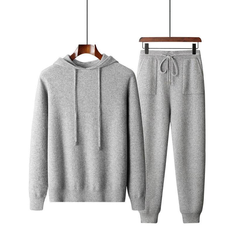 Men's Solid Color Casual Hooded Knitted Sweatshirt Long Pants Set - terrifictrend